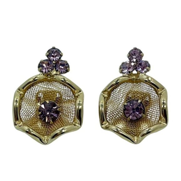 Floral Gold-Tone Mesh Clip-On Earrings with Purple Rhinestones - Mid-Century - Picture 2 of 5